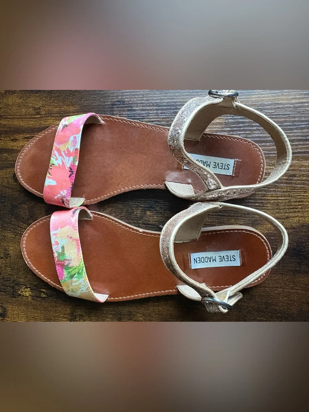 Steve Madden Floral Pink and Gold Ankle-Strap Sandals